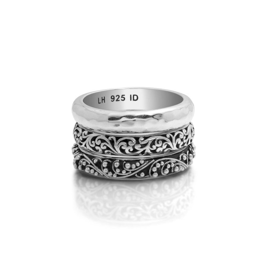 Women Lois Hill | 3-Stack 4Mm Granulated, Lh Scroll & Hammered Rings (12Mm Total Width)