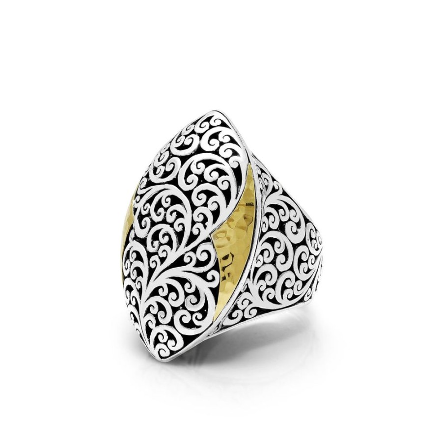 Women Lois Hill | 18K Gold Hammered Accent With Signature Open Scroll Sterling Silver Marquise Ring