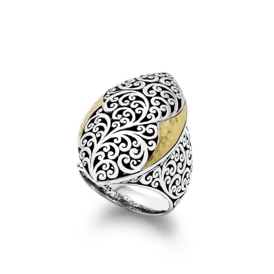 Women Lois Hill | 18K Gold Hammered Accent With Signature Open Scroll Sterling Silver Marquise Ring