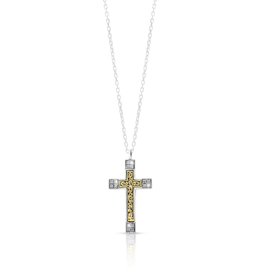 Women Lois Hill | White Diamond (.08 Ct) And 18K Gold Signature Scroll Cross Necklace (16''-18'' Adj)