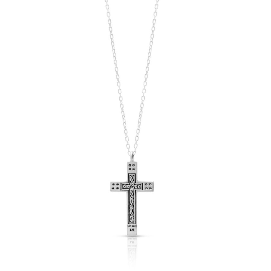 Women Lois Hill | White Diamond (.08 Ct) And 18K Gold Signature Scroll Cross Necklace (16''-18'' Adj)