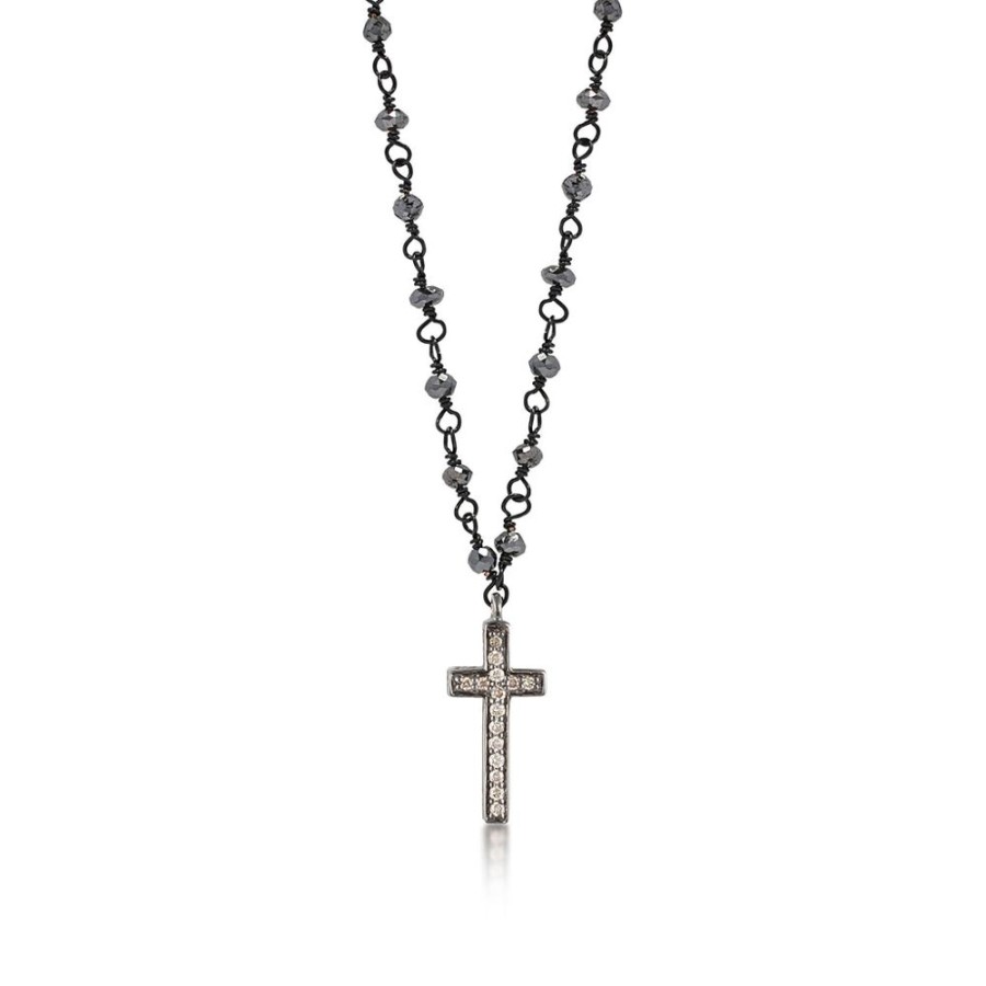 Women Lois Hill | Brown Diamond (6.24 Ct) Cross Pendant On Black Diamond Bead Necklace (7Mm*17Mm)