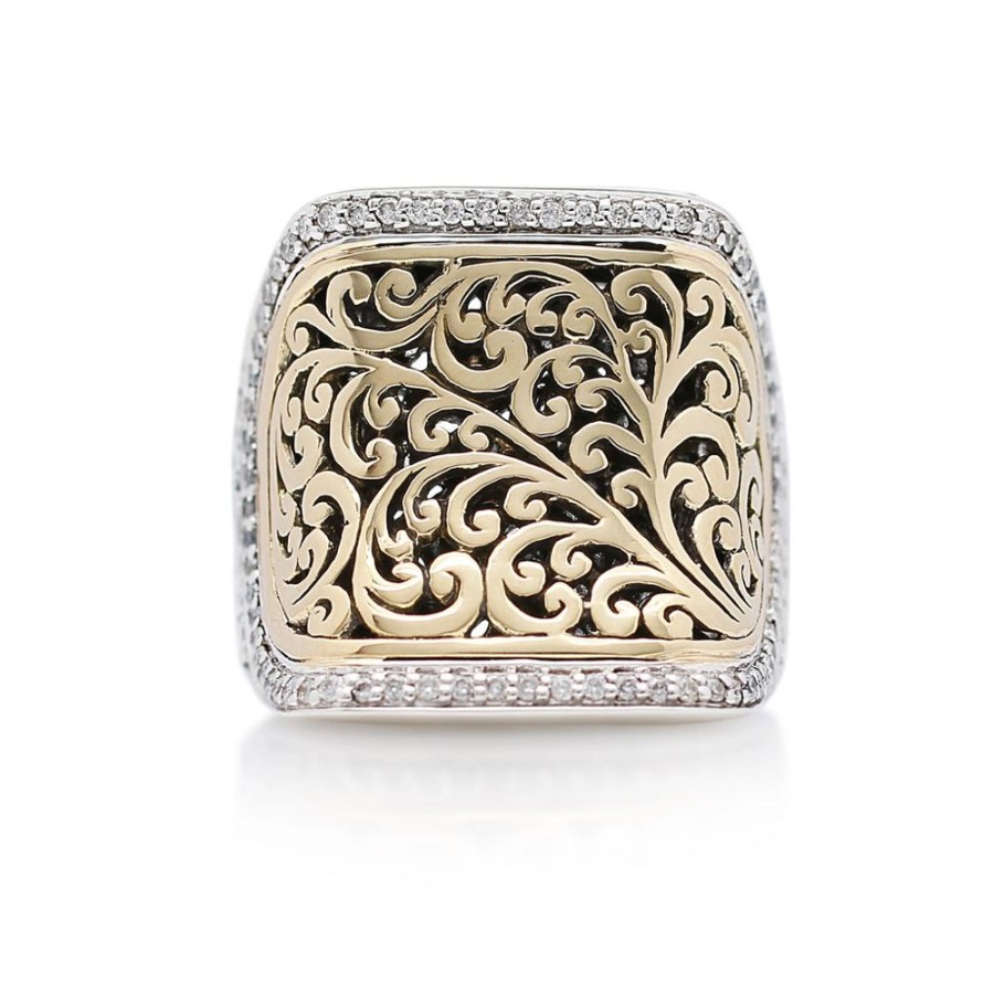 Women Lois Hill | 18K Gold Lh Signature Scroll With White Diamond Border & Sterling Silver Ring