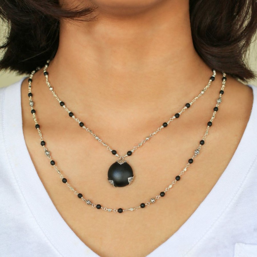 Women Lois Hill | Round Matte Black Onyx 4Mm With Lh Scroll Accent Wire-Wrapped Necklace