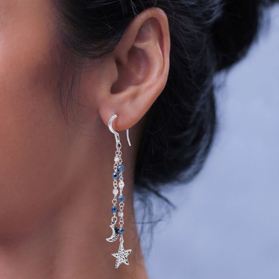 Women Lois Hill | Dark Blue Pyrite Star & Moon Earrings