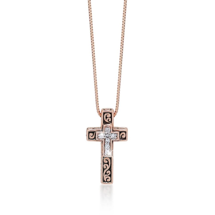 Women Lois Hill | 18K Rose Gold With Signature Lois Hill Scroll And White Diamond (0.04 Ct) Cross On Cross Necklace. Adjustable Chain 18"