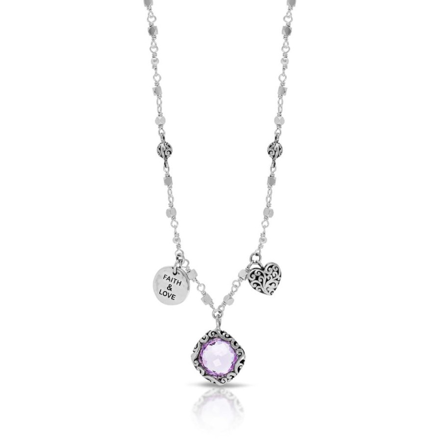 Women Lois Hill | Rose-De-France Amethyst Pendant With "Faith & Love" And Scroll Heart Charm Elegant Necklace (17" -20")