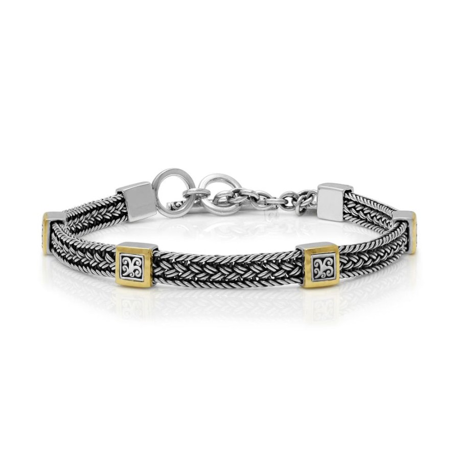 Women Lois Hill | 18K Gold Hammered Border & Signature Scroll Sterling Silver Textile Weave Station Bracelet