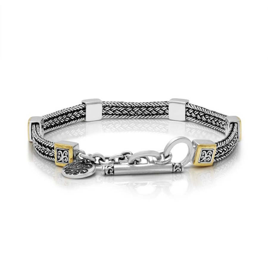 Women Lois Hill | 18K Gold Hammered Border & Signature Scroll Sterling Silver Textile Weave Station Bracelet